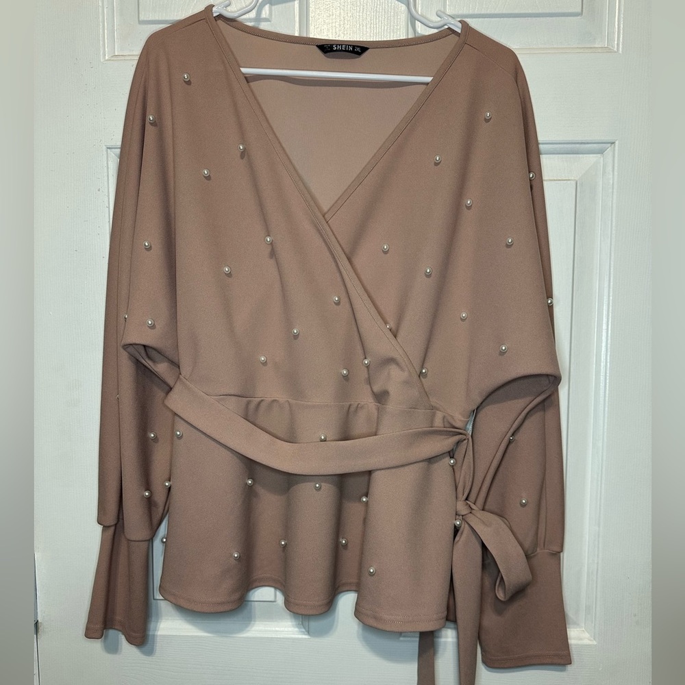 SHEIN 2X tie waist beige with pearls professional top long sleeves V neck